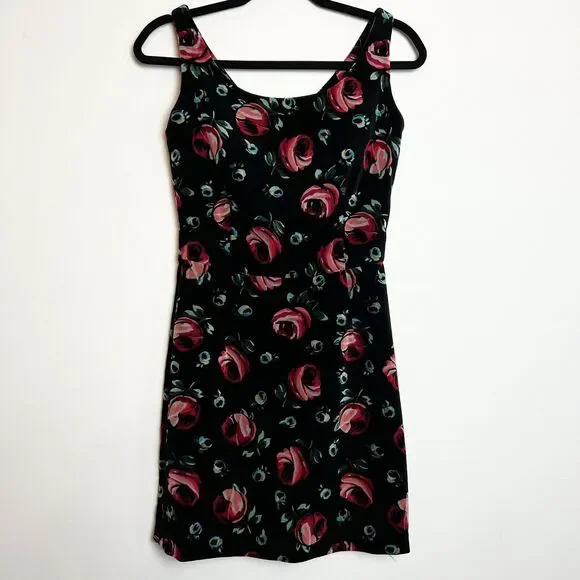 Esprit Vintage Black Velvet Floral Dress Pink Blue Roses Sz 5/6 - Picture 1 of 15